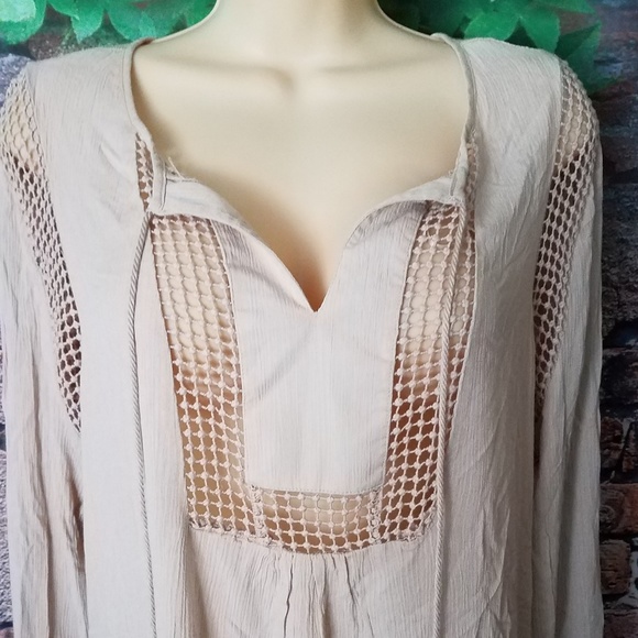 Boho Tan Crochet Detail Tassel Tie Front Blouse - Picture 3 of 5